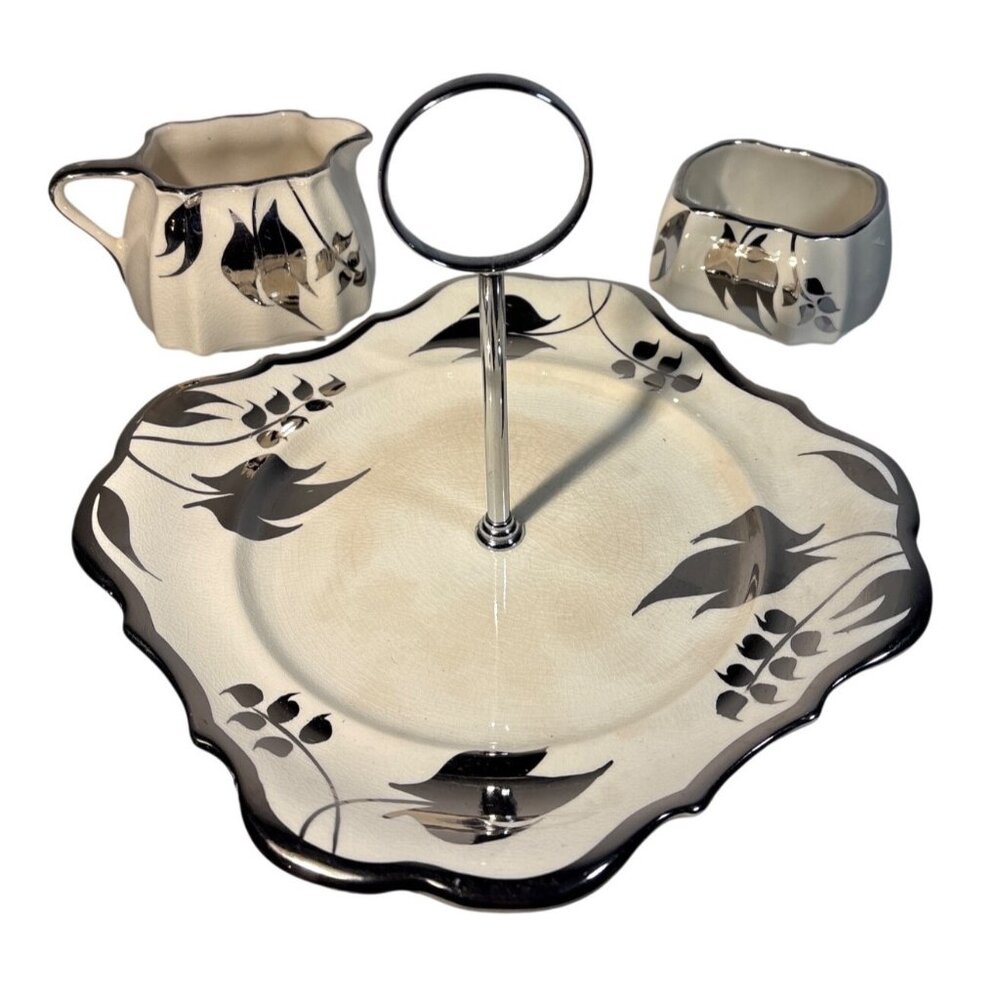 Sandland Ware Creamer Sugar Bowl & Handled Tray Set Black & Silver Leaf England